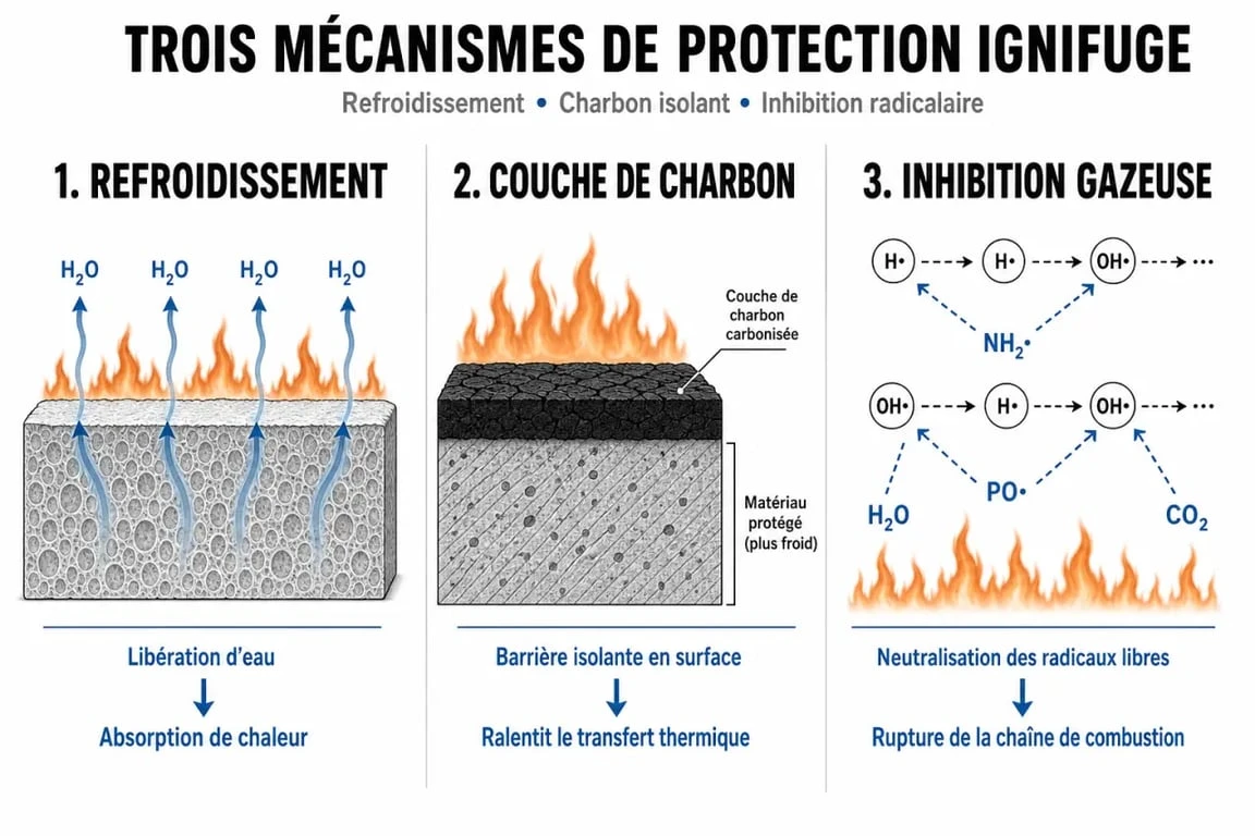 Schéma explicatif des mécanismes chimiques des matériaux ignifuges pour la sécurité incendie