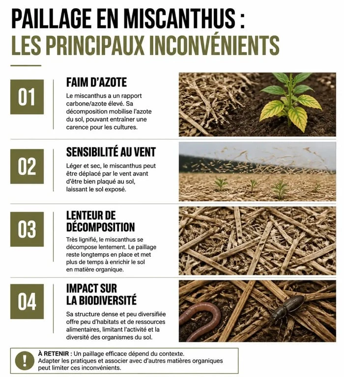 Infographie des inconvénients du paillage en miscanthus pour le jardin