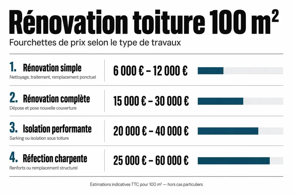 Infographie comparative des prix pour la rénovation d'une toiture de 100m2 selon les types de travaux