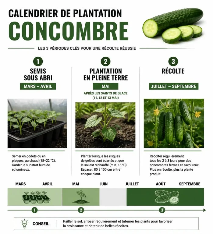 Calendrier de plantation du concombre : périodes de semis, repiquage et récolte