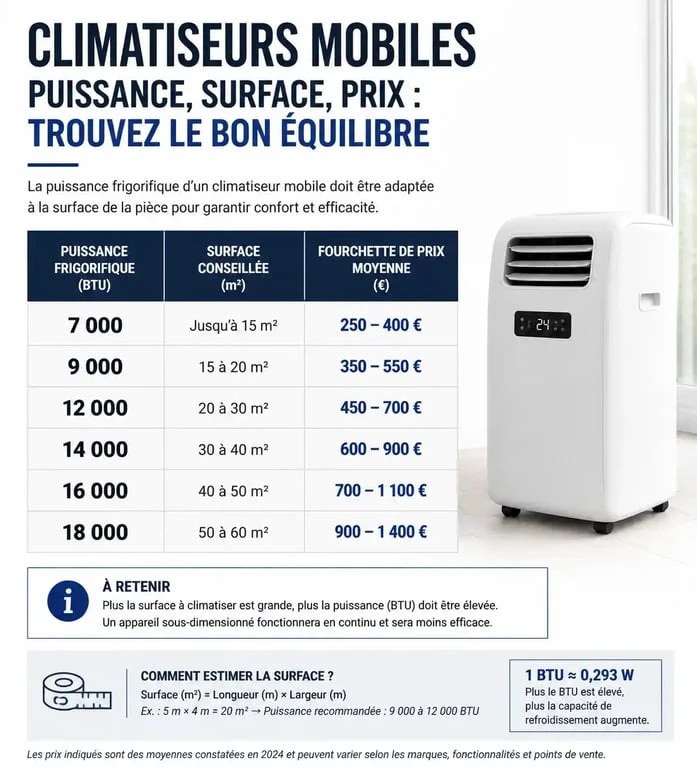 Infographie comparative des prix des climatiseurs mobiles selon la puissance en BTU et la surface de la pièce