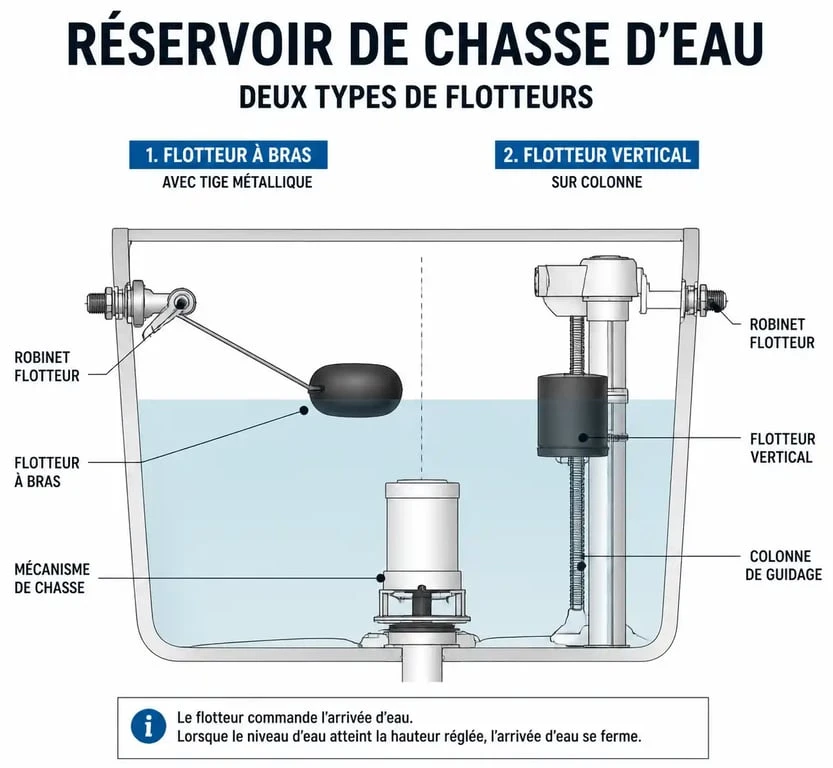 Schéma des différents types de flotteurs pour régler une chasse d'eau