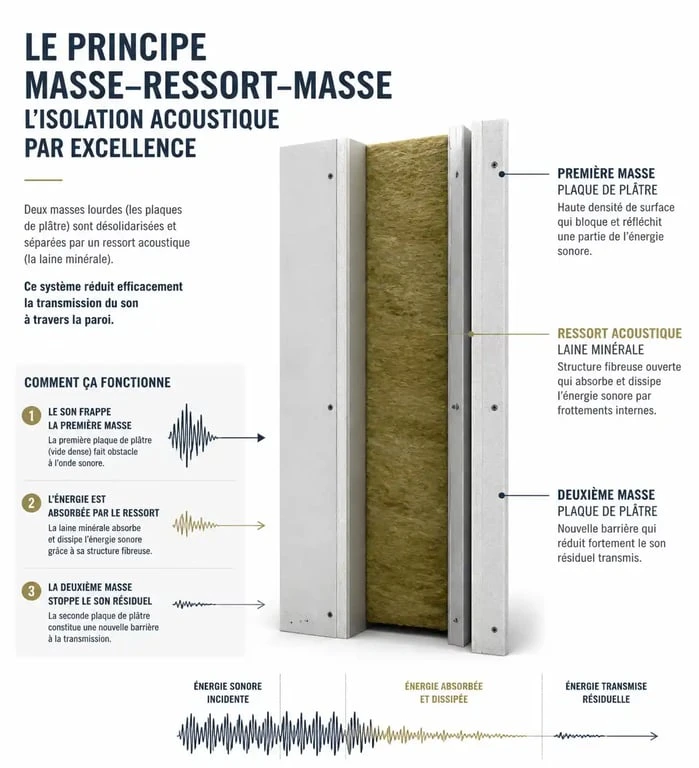 Schéma du principe masse-ressort-masse pour isoler phoniquement un mur mitoyen
