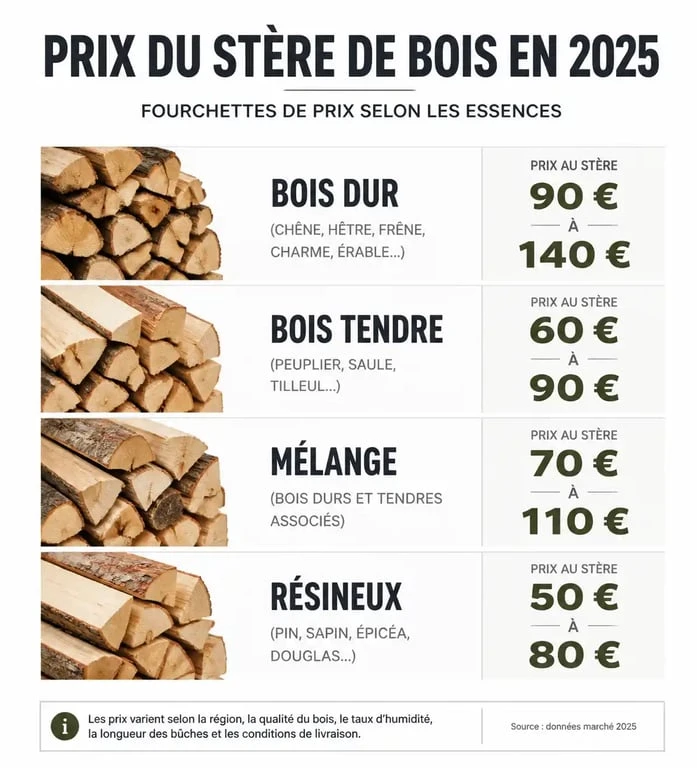 Infographie des prix du stère de bois 2025 par essence de bois
