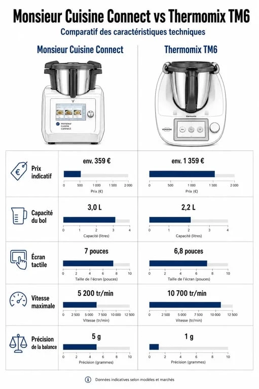 Tableau comparatif des caractéristiques techniques entre Monsieur Cuisine Connect et Thermomix TM6