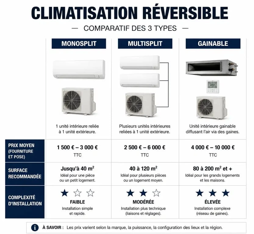 Comparatif des prix et caractéristiques des systèmes de climatisation réversible : monosplit, multisplit et gainable pour votre projet de prix clim réversible.
