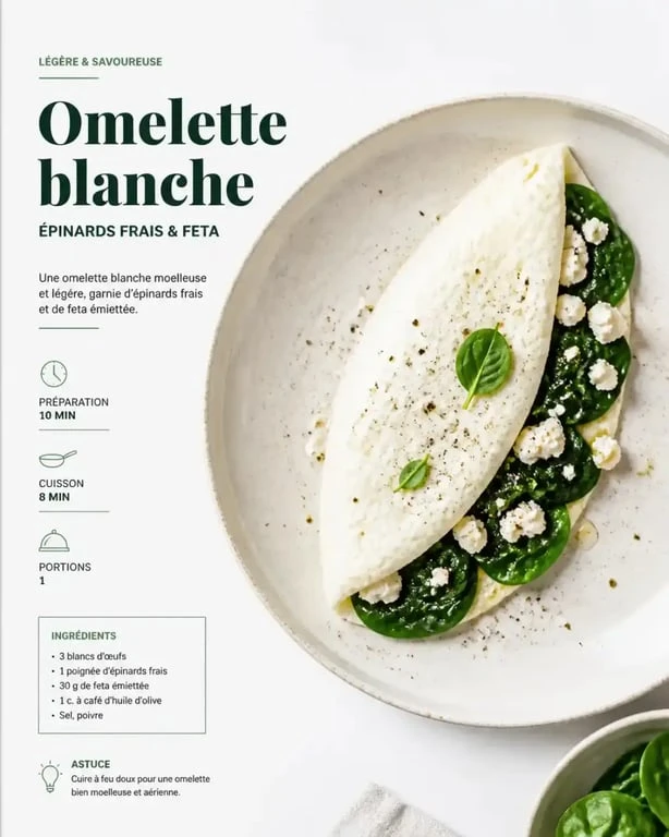 Omelette blanche moelleuse aux épinards et feta, réalisée avec du blanc d'œuf liquide Lidl
