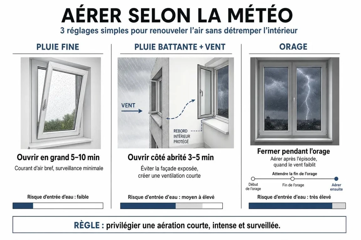 Infographie sur les méthodes d'aération recommandées quand il pleut pour maintenir une bonne qualité de l'air intérieur