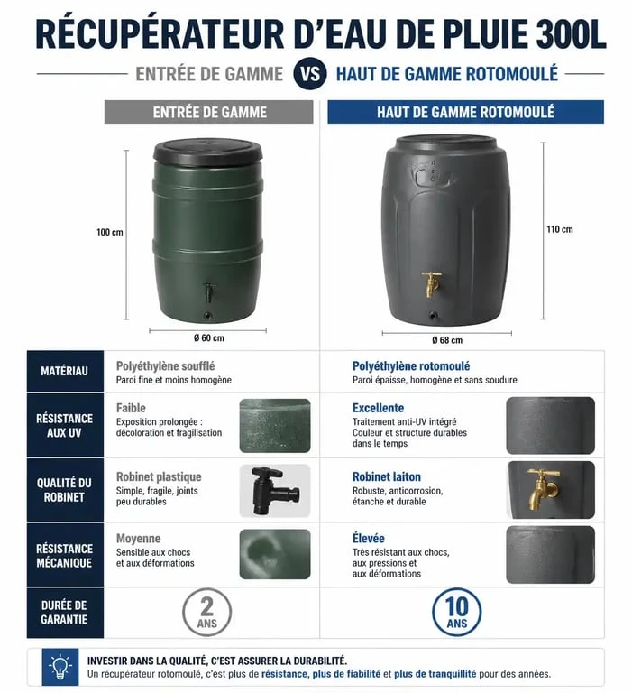 Comparatif technique des récupérateurs d'eau de pluie 300L : entrée de gamme vs haut de gamme
