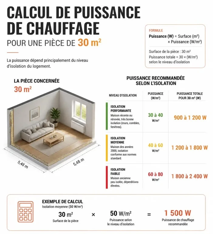 Infographie sur le calcul de la puissance de radiateur nécessaire pour 30m2 en fonction de l'isolation