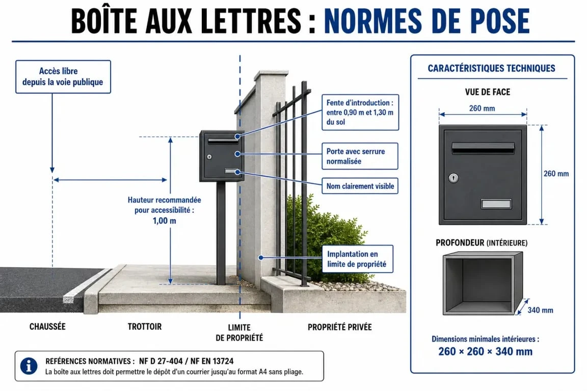 Infographie des normes de boîtes aux lettres en France : dimensions et hauteurs de pose