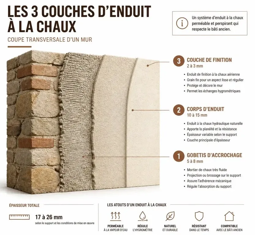Schéma des trois couches d'application d'un enduit à la chaux pour façade