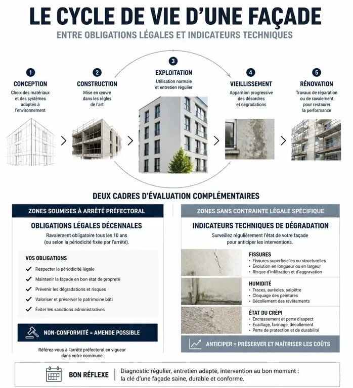 Infographie sur la fréquence du ravalement de façade : obligations légales vs besoins techniques