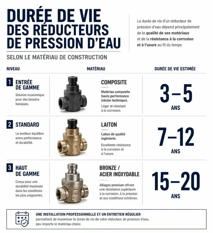 Infographie comparant la durée de vie d'un réducteur de pression d'eau selon les matériaux