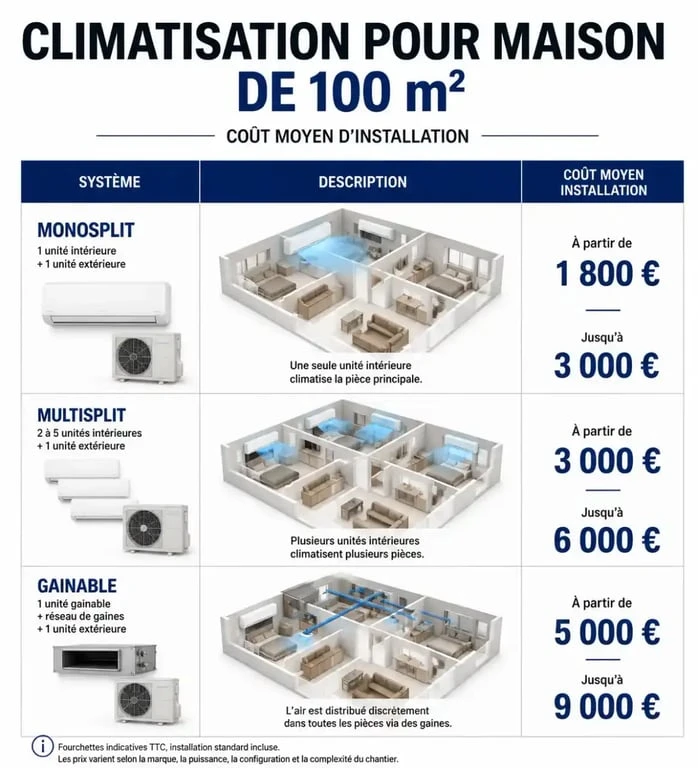 Infographie des prix d'installation d'une climatisation pour une maison de 100m2
