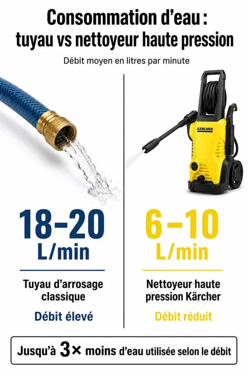 Infographie comparant la consommation d'eau d'un nettoyeur haute pression Kärcher par rapport à un tuyau d'arrosage classique pour une utilisation responsable.