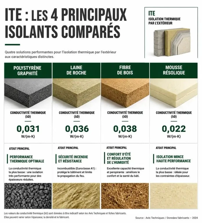 Comparatif des matériaux pour le meilleur isolant extérieur : polystyrène, laine de roche, fibre de bois et mousse résolique