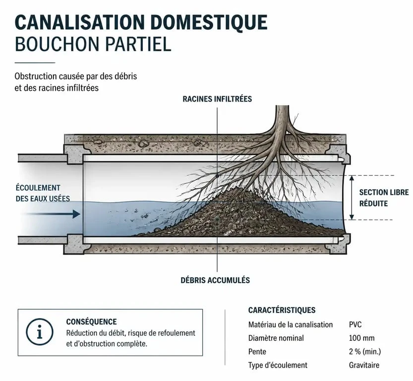 Schéma explicatif d'un refoulement de canalisation causé par un bouchon