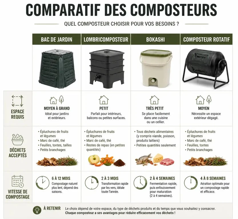 Infographie comparative pour savoir quel composteur choisir selon son espace et ses besoins