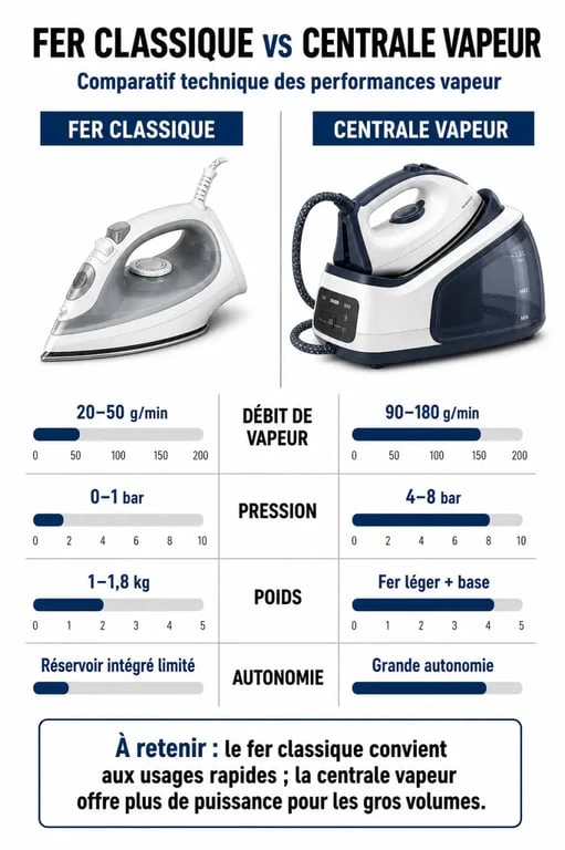 Infographie comparative : différence entre centrale vapeur et fer à repasser pour choisir son équipement de repassage.