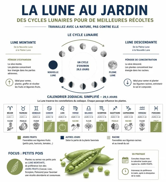 Infographie sur le calendrier lunaire pour semer les petits pois