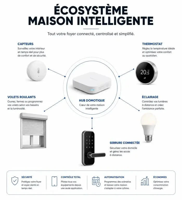 Infographie illustrant le fonctionnement et les exemples de la domotique dans une maison connectée