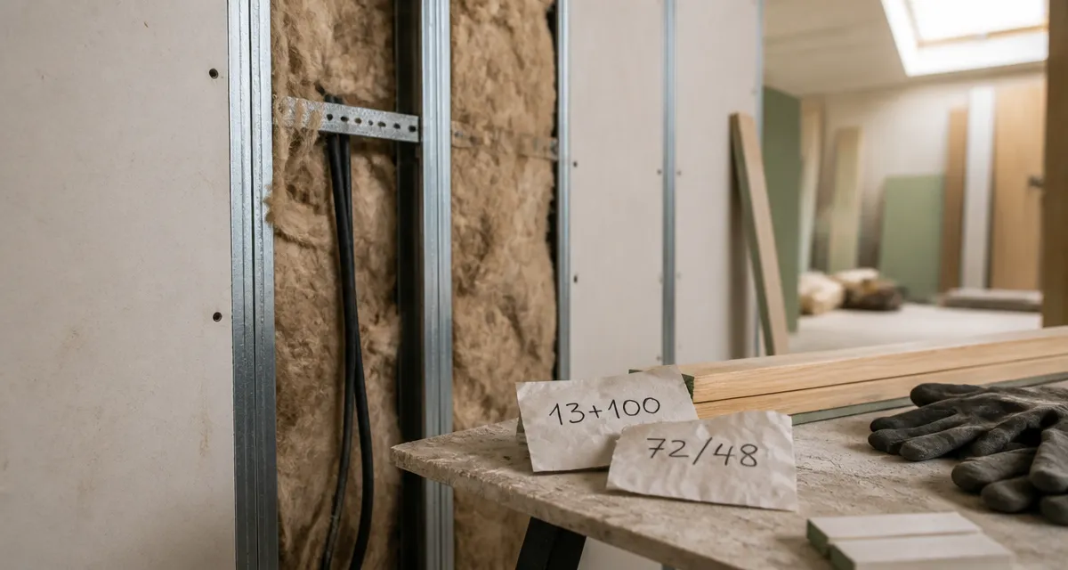 Epaisseur isolation placo : laine minérale et plaques BA13 en chantier