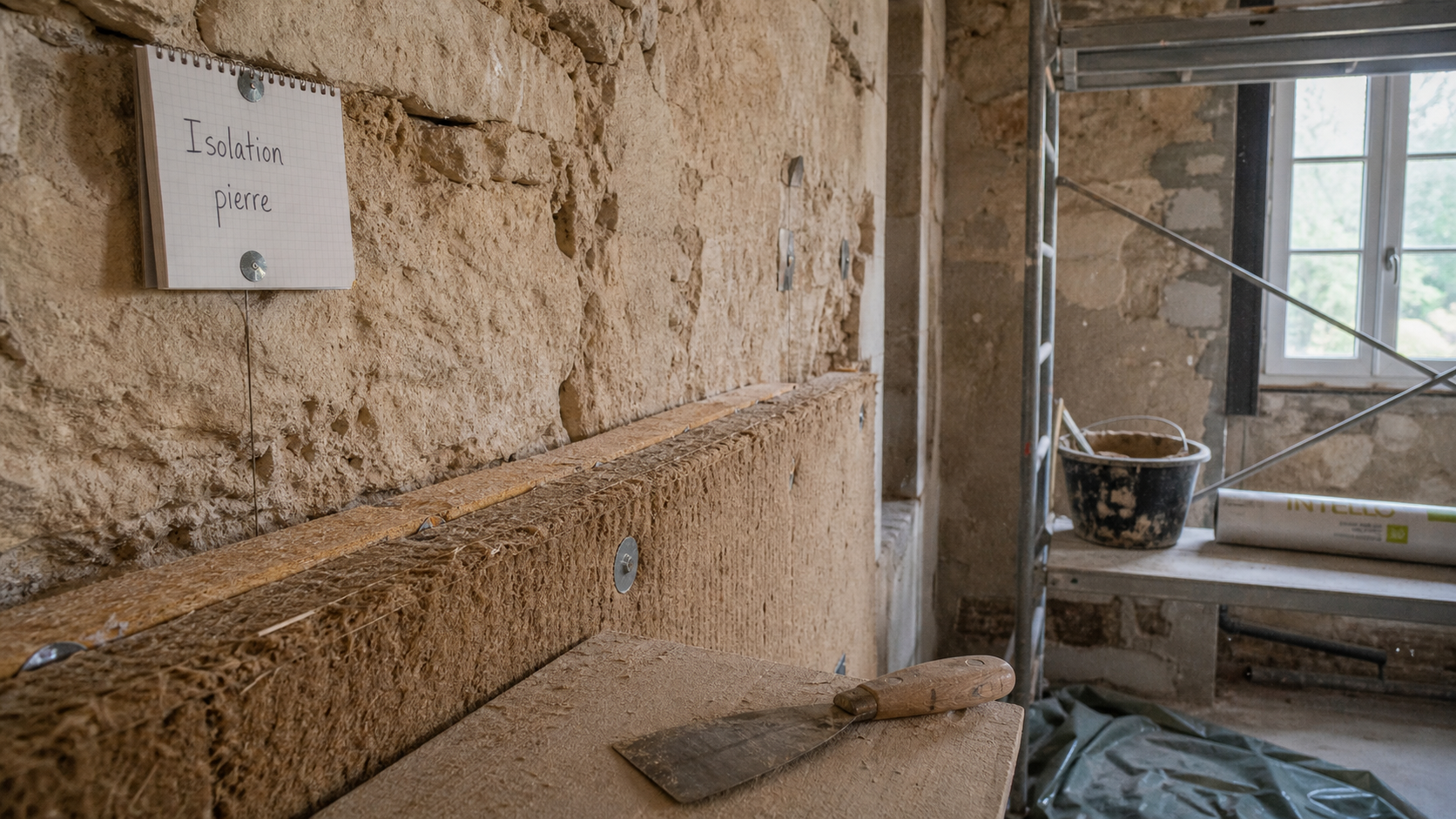 Isoler un mur en pierre : isolant fibre de bois sur mur calcaire, frein-vapeur