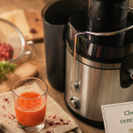 Meilleure centrifugeuse cheminée XL inox : jus frais en préparation