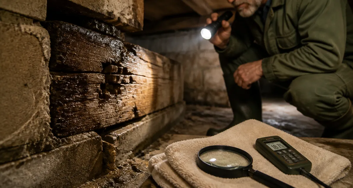 Merule bois : bois humide fissuré et petits cubes, diagnostic en cave sanitaire