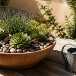 Plantes plein soleil sans arrosage : succulentes et lavande en bac, terrasse en plein sud