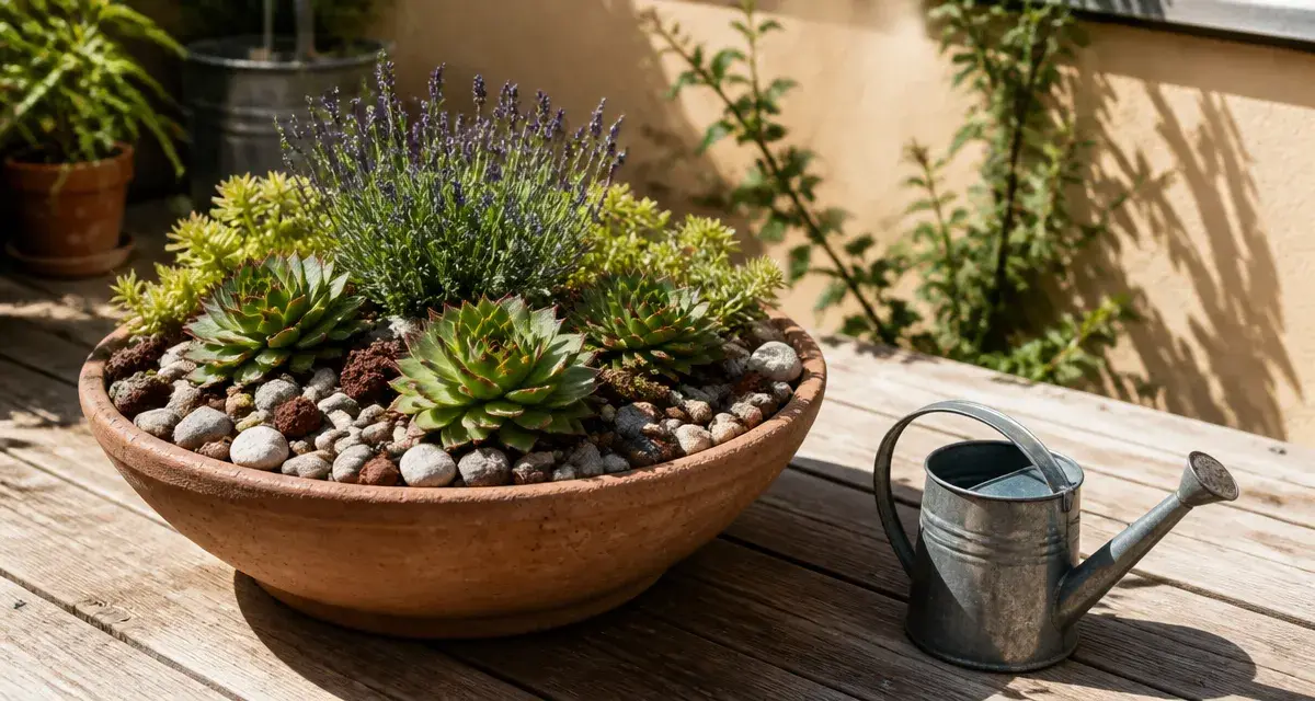 Plantes plein soleil sans arrosage : succulentes et lavande en bac, terrasse en plein sud