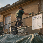 Prix ravalement façade maison 100m2 : façadier sur échafaudage brosse la façade