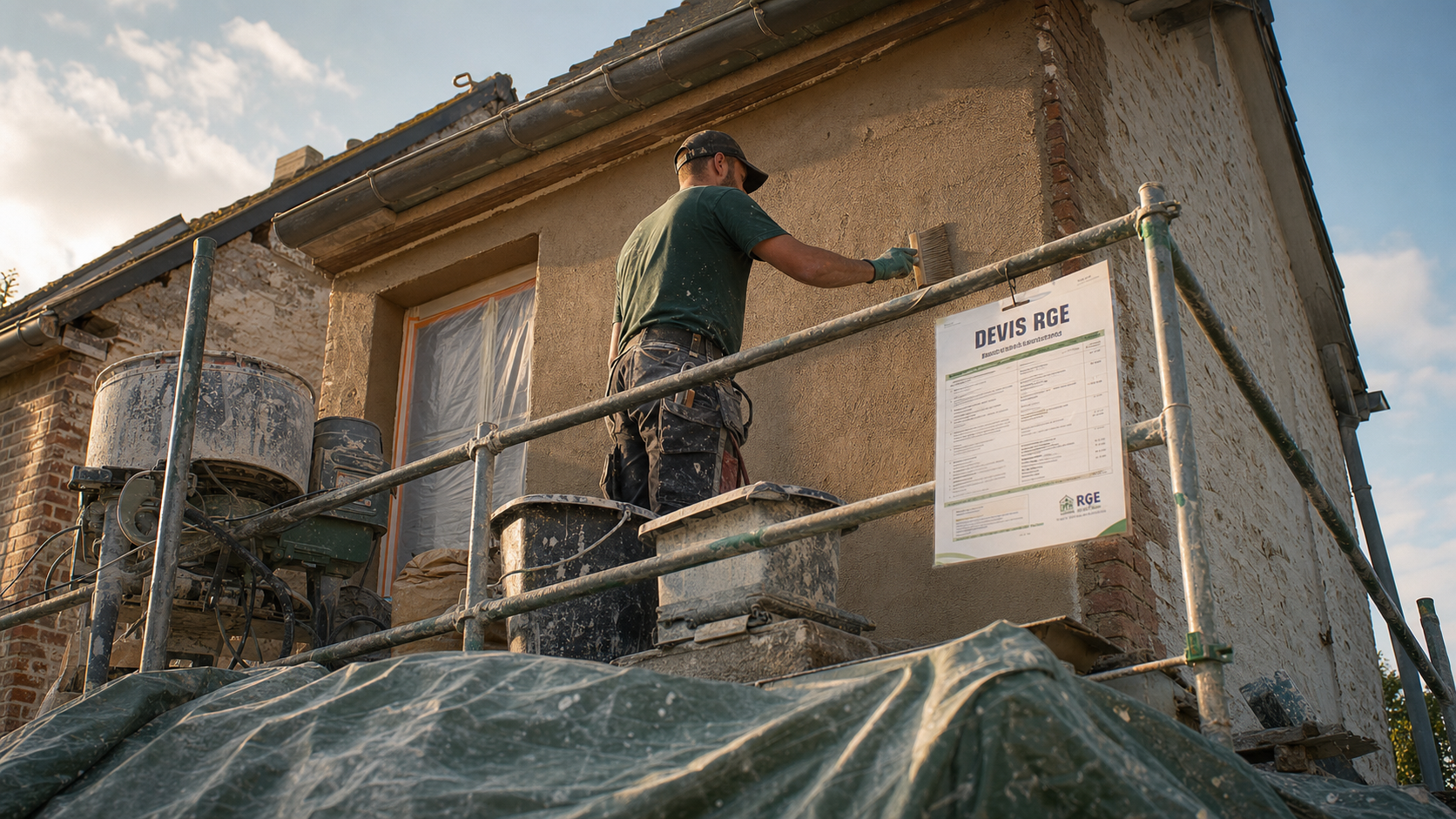 Prix ravalement façade maison 100m2 : façadier sur échafaudage brosse la façade