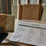 Tableau comparatif isolant thermique en chantier, main tient échantillons d’isolants