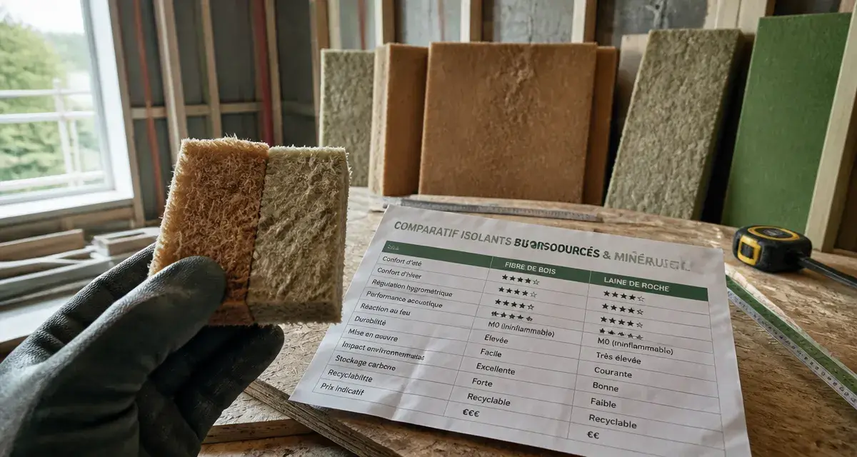 Tableau comparatif isolant thermique en chantier, main tient échantillons d’isolants