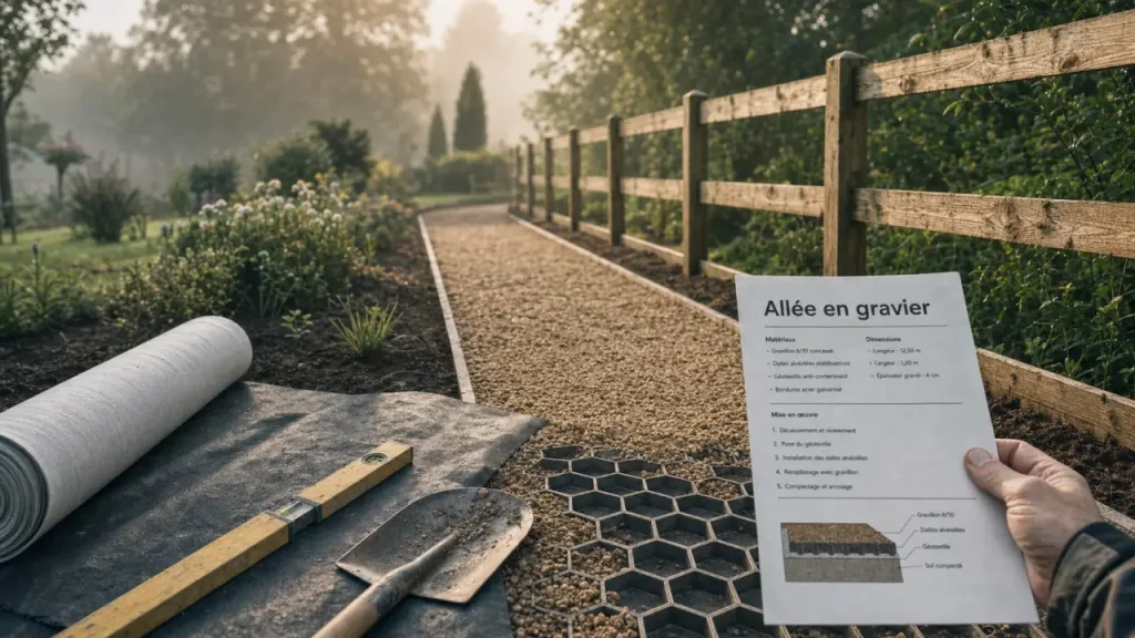 Allée en gravier avec géotextile, bordures et dalles.