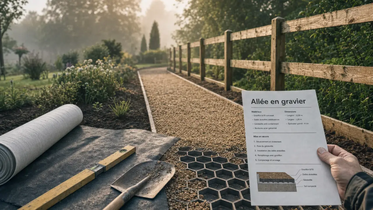 Allée en gravier avec géotextile, bordures et dalles.