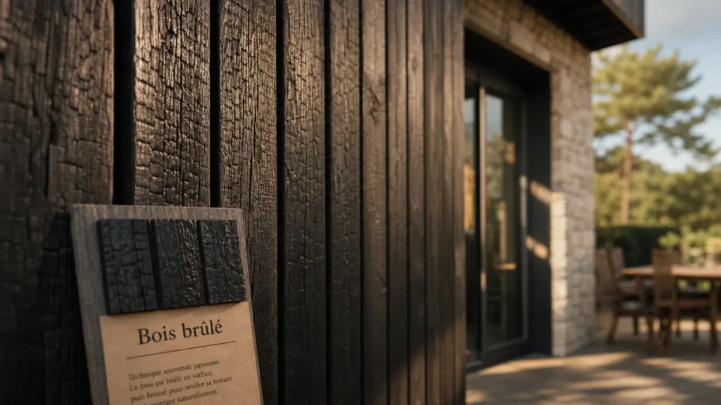 Bardage bois brulé, façade moderne en bois brûlé vertical profond