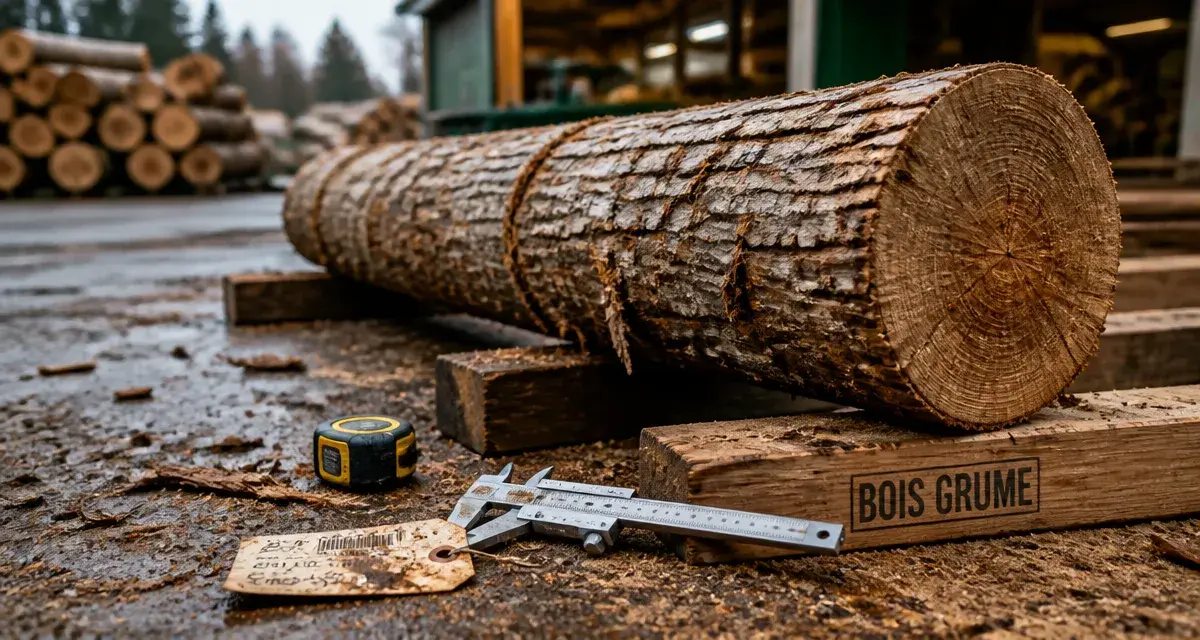 Bois grume : grume en scierie avec mètre ruban et étiquette d’inventaire