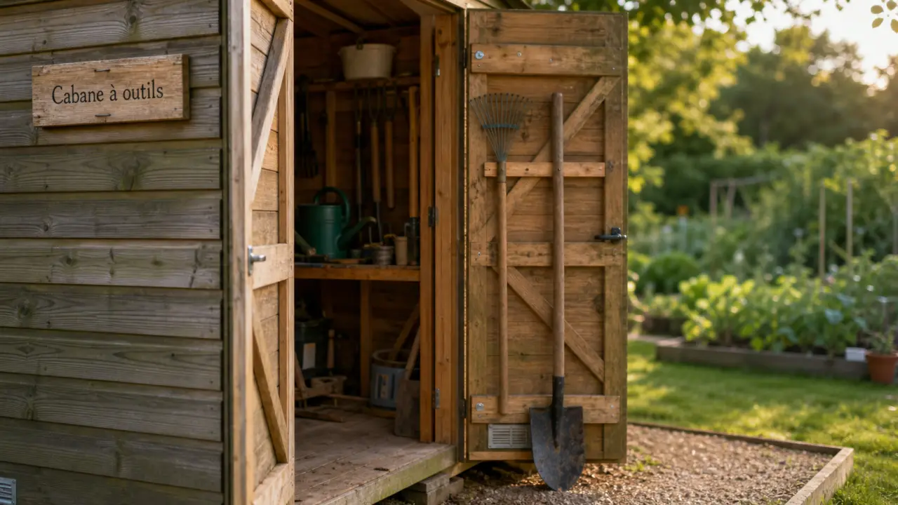 Cabane à outil de jardin : bois traité, outils et étagères