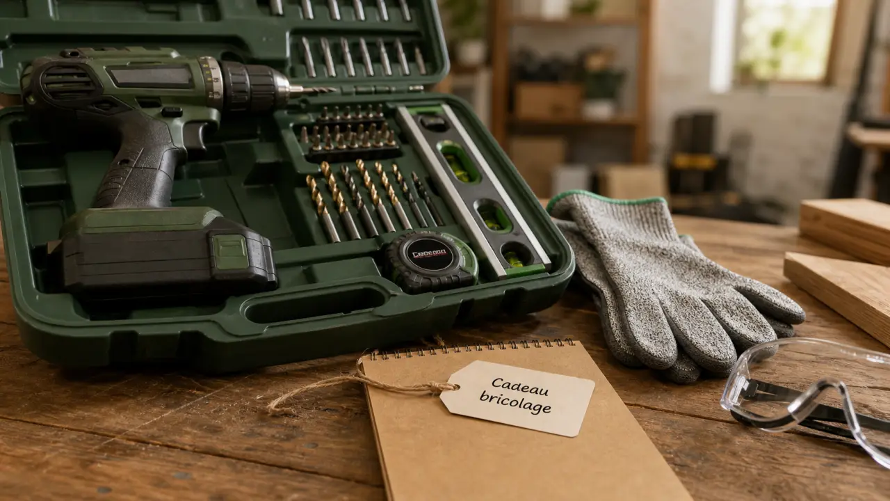 Cadeau bricolage homme : outillage atelier (perceuse, niveau, mètre ruban)