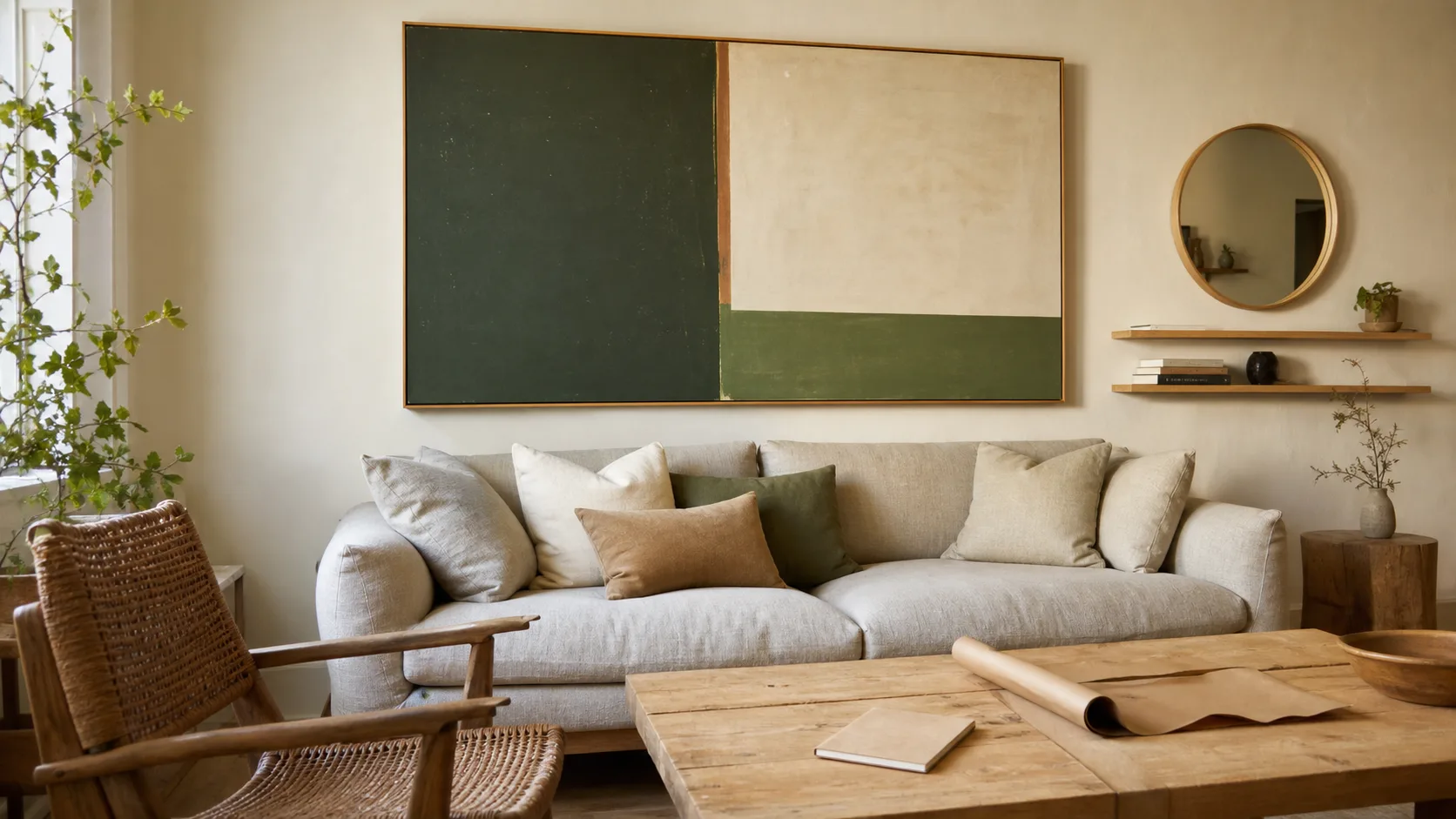 Décorer un grand mur salon avec tableau XXL abstrait, miroir rond et canapé beige