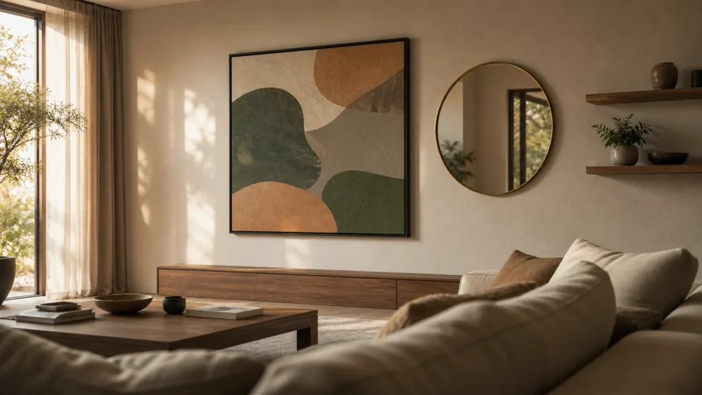 Decorer un grand mur salon : tableau XXL abstrait noir et miroir rond laiton dans un salon contemporain