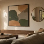Decorer un grand mur salon : tableau XXL abstrait noir et miroir rond laiton dans un salon contemporain