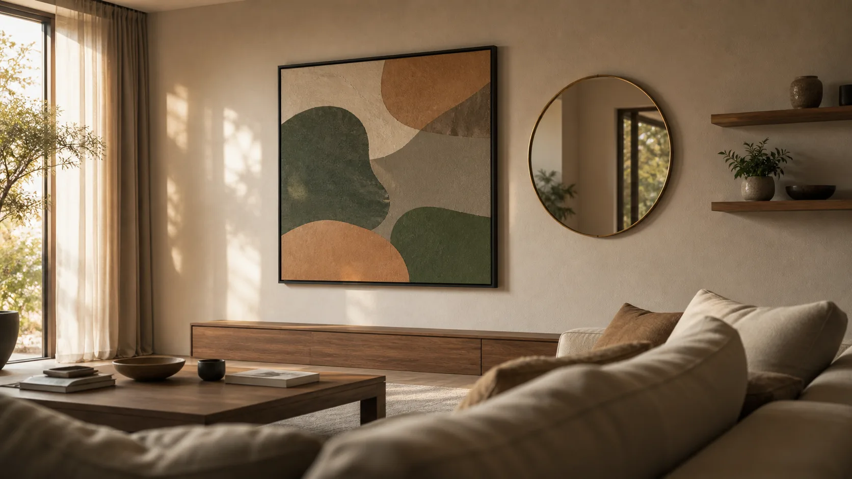 Decorer un grand mur salon : tableau XXL abstrait noir et miroir rond laiton dans un salon contemporain