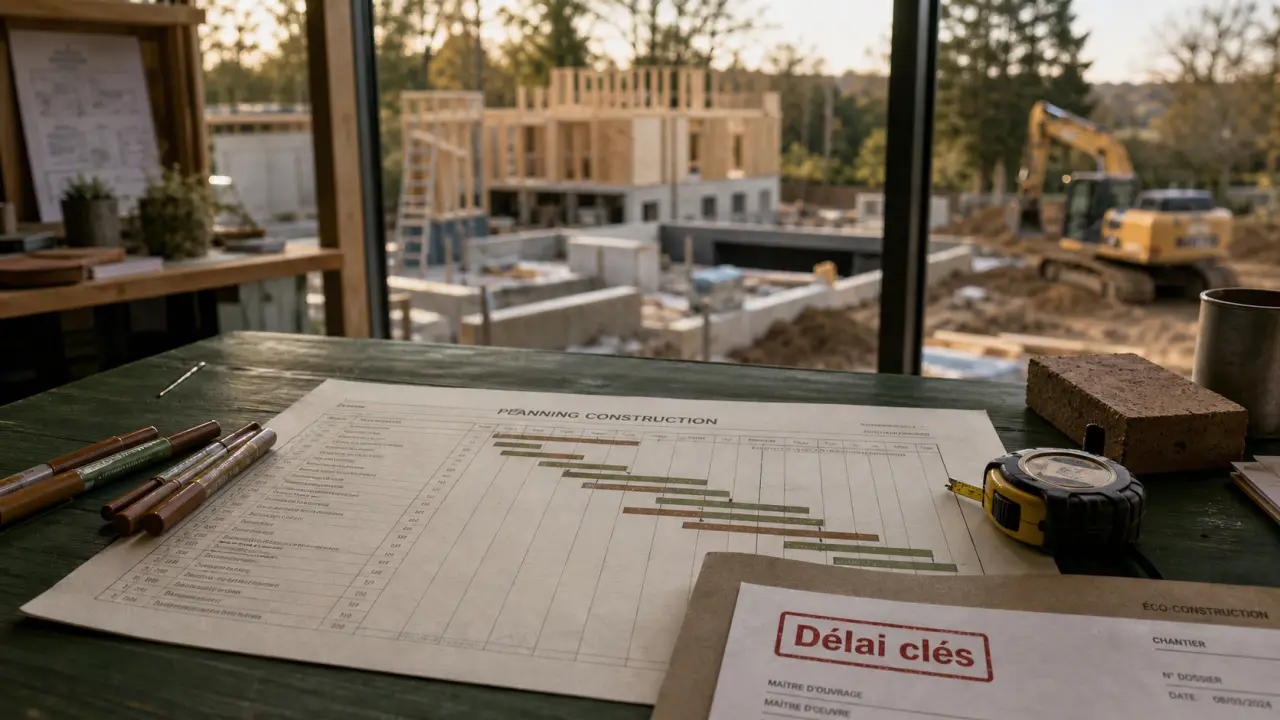 Delai construction maison : planning chantier 8 à 18 mois sur table de bureau