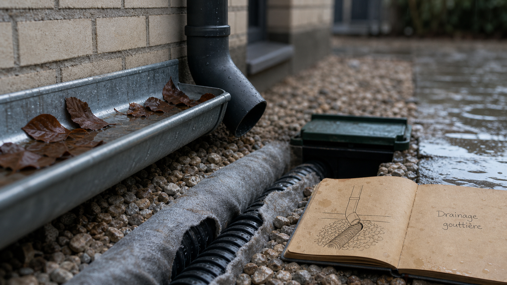 Drainage eau de pluie gouttière : tuyau vers tranchée drainante et fondations protégées