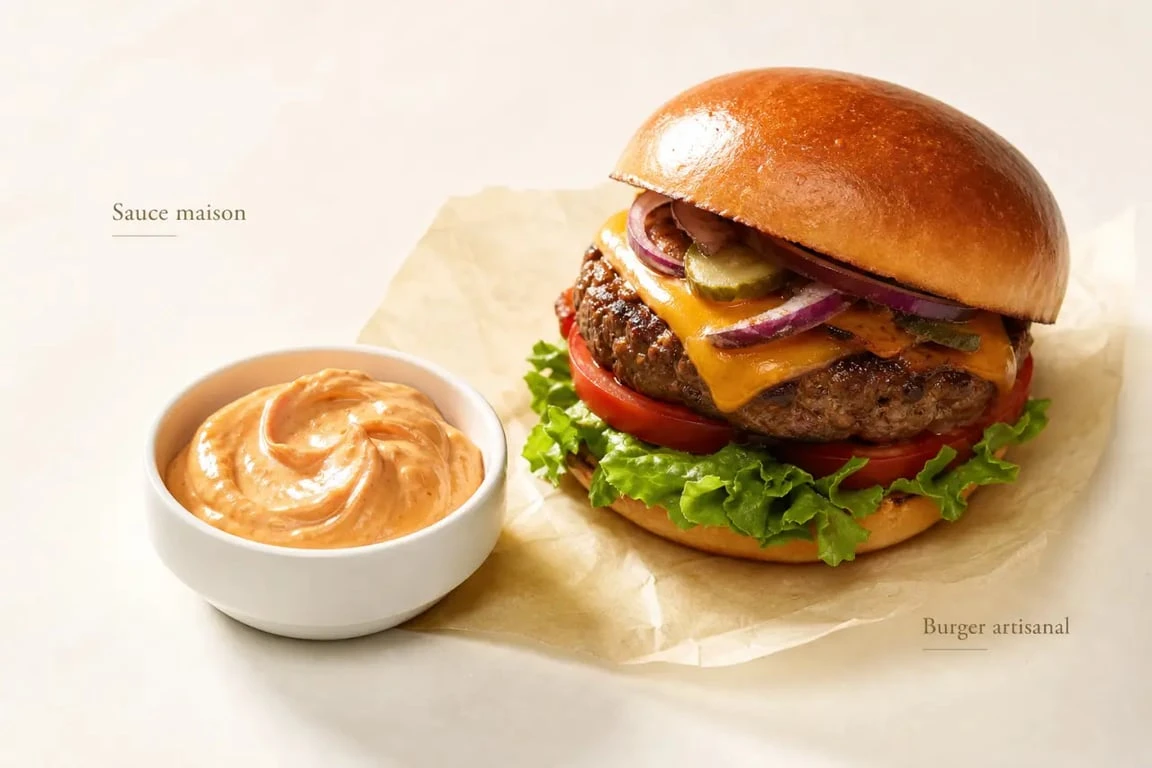 Sauce maison pour hamburger servie à côté d'un burger maison
