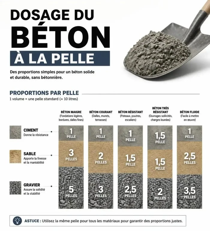 Infographie des proportions pour le dosage du béton à la pelle